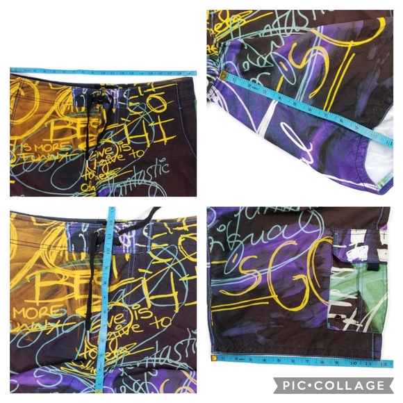 VTG Desigual Multicolor Graffiti Print Mesh Lined Long Length Swim Trunk Mens XL - Picture 9 of 16